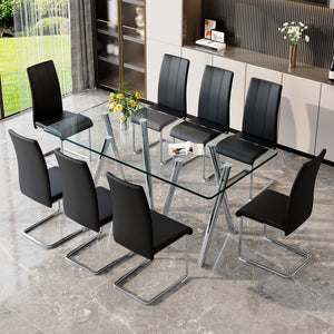 English Elm Tempered Glass 9 Piece Rectangular Dining Set Seating Eight with Chrome Sled Chairs Black,Silver W3875S00053