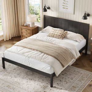 English Elm Platform King Bed Solid Pine Panel Headboard Wood Slat Base Modern Bedroom Frame Espresso N709P425341P