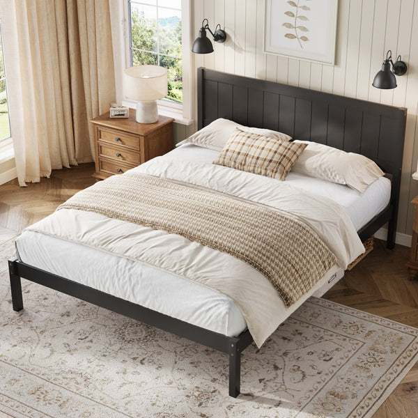 English Elm Platform King Bed Solid Pine Panel Headboard Wood Slat Base Modern Bedroom Frame Espresso N709P425341P