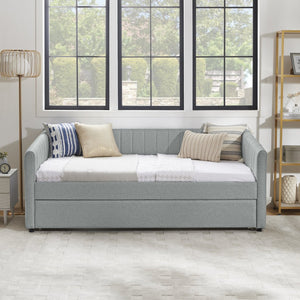 English Elm Twin Size Daybed With Trundle - Stylish Grey Linen Upholstered Sofa Bed With Vertical Stripes W1413S00089-GIGA