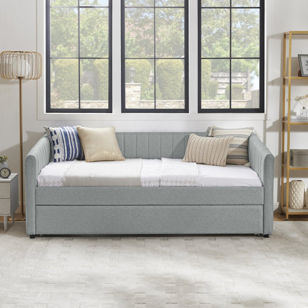 English Elm Twin Size Daybed With Trundle - Stylish Grey Linen Upholstered Sofa Bed With Vertical Stripes W1413S00089-GIGA