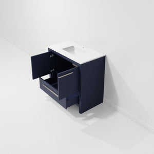 English Elm Navy Blue Bath Vanity With White Quartz Top - Elegant 36" W Solid Wood Design, Soft-Close Storage Solutions B2731P259339