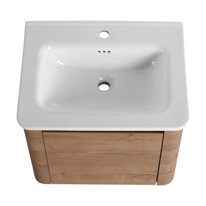 English Elm 24'' 24" Wall-Mounted Bathroom Vanity with Ceramic Sink, Soft-Close Door, Plywood Build, Space-Saving Design Imitative Oak W999P317928