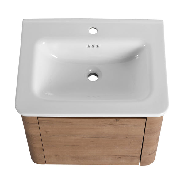 English Elm 24'' 24" Wall-Mounted Bathroom Vanity with Ceramic Sink, Soft-Close Door, Plywood Build, Space-Saving Design Imitative Oak W999P317928