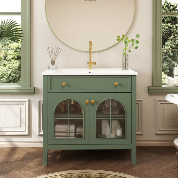 English Elm 35.6" Freestanding Bathroom Vanity with Roman Column Base and Ceramic Integrated Sink Green W1801S00014