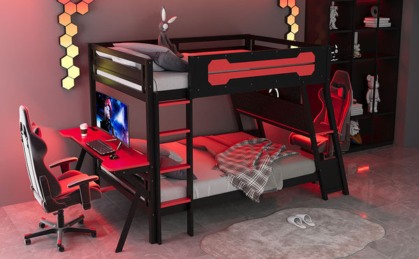 English Elm Full Size Gaming Bunk Bed with Dual Desks Usb Charging Ports and Pegboard Storage Red LT000274AAR