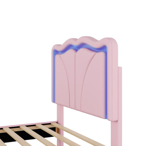 English Elm Twin Upholstered Platform Bed with Curved Headboard, Adjustable Heights, Sturdy Pine Frame, LED Accent Lights Pink WF323748AAH