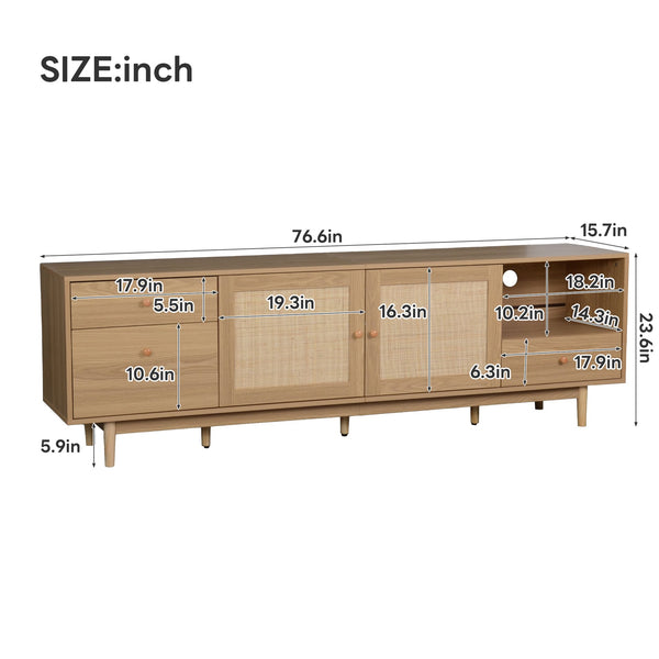 English Elm Boho Natural Rattan TV Stand for Up to 85" TVs, 3 Drawers + Cabinets & Open Shelves, Modern Wood console with organic texture and sturdy 110 lb capacity N710P339452P