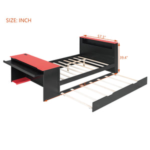 English Elm Full Size Wood Platform Daybed with Trundle Desk Rgb Led Lighting Gaming Bedroom Black+Red LT000284AAR