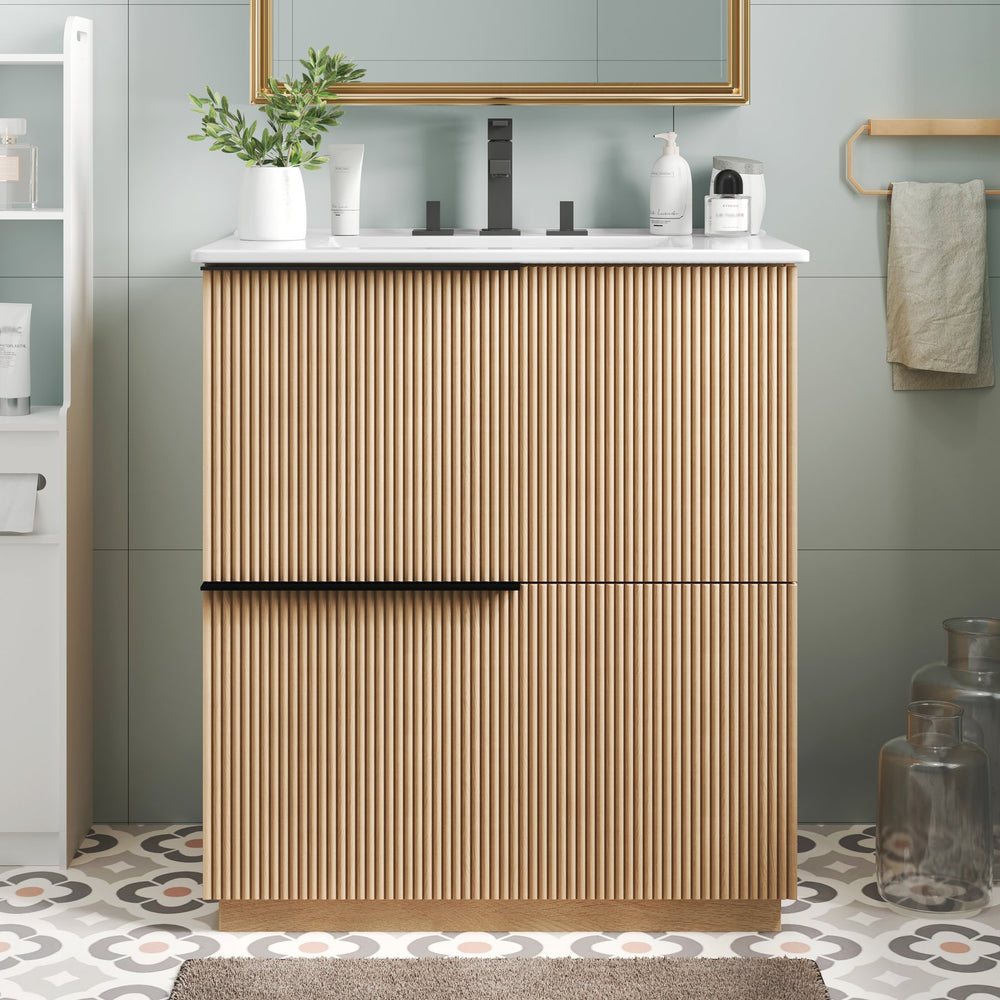 English Elm Christopher Knight Home® - 30" Bathroom Vanity With Ceramic Sink, Soft-Close Drawers & Fluted Natural Finish For Elegant Style N817P295760N