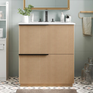 English Elm Christopher Knight Home® - 30" Bathroom Vanity With Ceramic Sink, Soft-Close Drawers & Fluted Natural Finish For Elegant Style N817P295760N