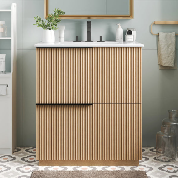 English Elm Christopher Knight Home® - 30" Bathroom Vanity With Ceramic Sink, Soft-Close Drawers & Fluted Natural Finish For Elegant Style N817P295760N
