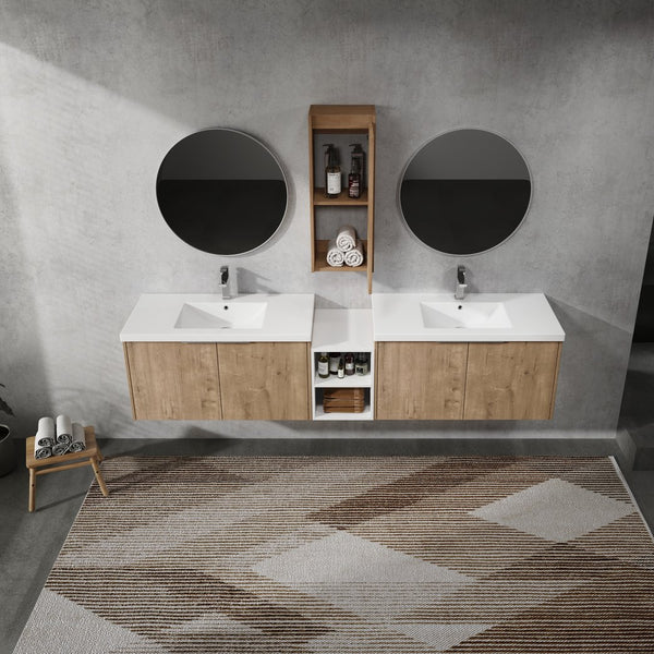 English Elm 84" Wall-Mounted Bathroom Vanity With Soft-Close Doors & Resin Sinks - Modern Storage Solution! W999S00230