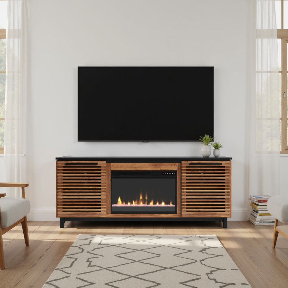 English Elm 69 Inch Fireplace TV Stand Console with 42" Electric Insert, Bourbon Black Two-Tone, Fits 80" TVs B108P216646