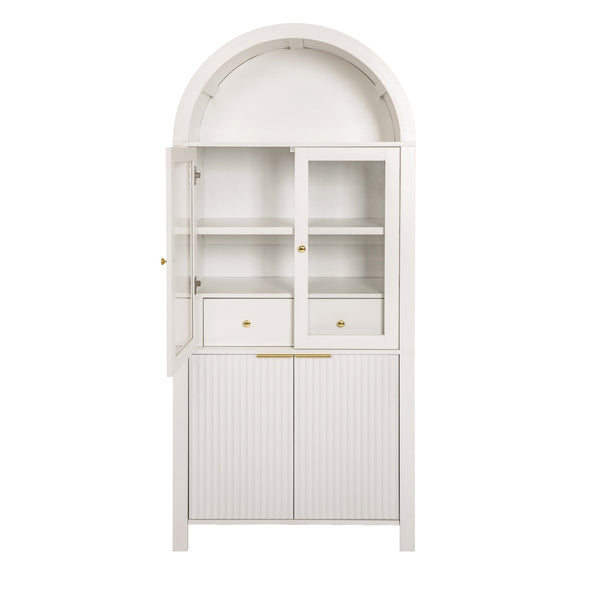 English Elm 71" Fluted Tall Arched Pantry Cabinet with Tempered Glass Door, Adjustable Shelves, Silent Drawer, Anti-Tip Safety and Stylish Metal Handles for Kitchen Living Dining White W2917P384723
