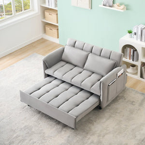 English Elm 52 Grey Modern Velvet Sofa Bed Convertible 3-in-1 Small Loveseat with Pillows, Pockets, Metal Legs, 500lb Capacity W1658P266339