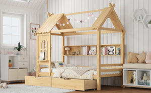 English Elm Twin House Platform Bed with Drawers & Shelves, Solid Wood Playhouse Frame for Kids, Cozy Design Natural W1580S00266