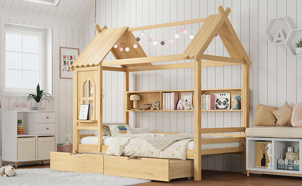 English Elm Twin House Platform Bed with Drawers & Shelves, Solid Wood Playhouse Frame for Kids, Cozy Design Natural W1580S00266