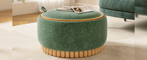 English Elm 29" Round Boucle Storage Ottoman Sculptural Wood Base Reversible Lid Living Room Green N723P405304G