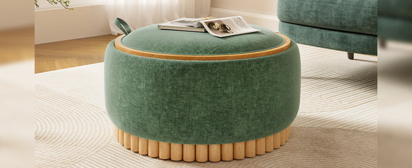 English Elm 29" Round Boucle Storage Ottoman Sculptural Wood Base Reversible Lid Living Room Green N723P405304G
