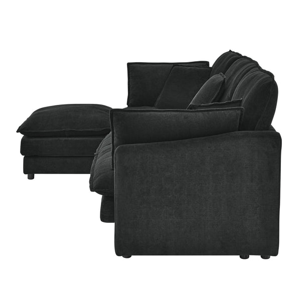 English Elm Modern Sectional Convertible Sofa with Ottoman, Oversized L-Shaped 4-Seater Towel Fabric Comfort Black W1413S00080