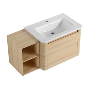 English Elm 40'' Wall-Mounted Bathroom Vanity with White Ceramic Sink, Plywood Shelves, Soft-Close Door, Oak Finish W999S00482