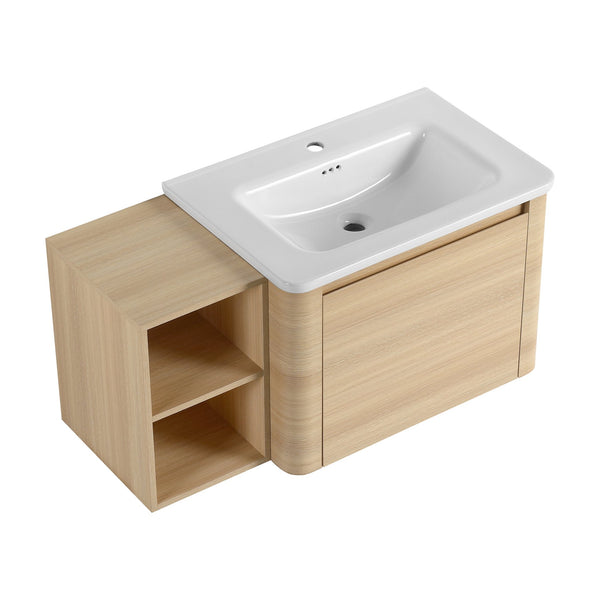 English Elm 40'' Wall-Mounted Bathroom Vanity with White Ceramic Sink, Plywood Shelves, Soft-Close Door, Oak Finish W999S00482