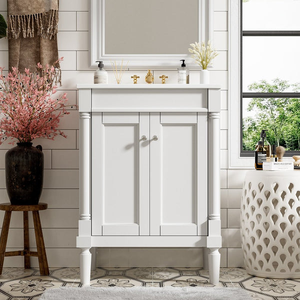 English Elm 24'' Modern Bathroom Vanity with Ceramic Basin, Solid Wood Frame, Soft-Close Doors, Ample Storage White N710P190503K
