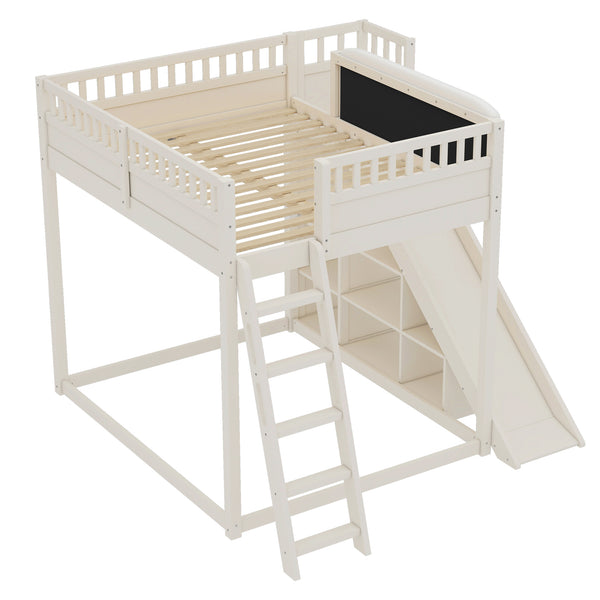 English Elm Full Size Kids Loft Bed Pine Frame Upholstered Headboard Built in Slide and Storage Shelves Beige W1580S00305
