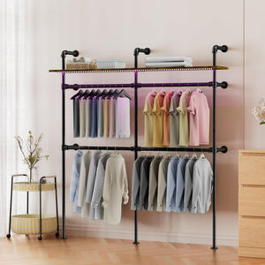 English Elm Industrial Pipe Clothing Rack With Led Lights - Heavy Duty Wall-Mounted Garment Storage Solution T3210P392613