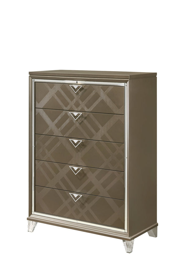 English Elm Skylar Mirrored Beveled 6-Drawer Dresser with Embossed Fronts, Acrylic Legs & Smooth Metal Glides Champagne 55 L x 20 W x 41 H B2726P261237