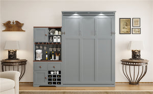 English Elm Queen Murphy Bed with Wine Rack Glass Holder Led Lighting and Cabinet White Gray LP000391AAE
