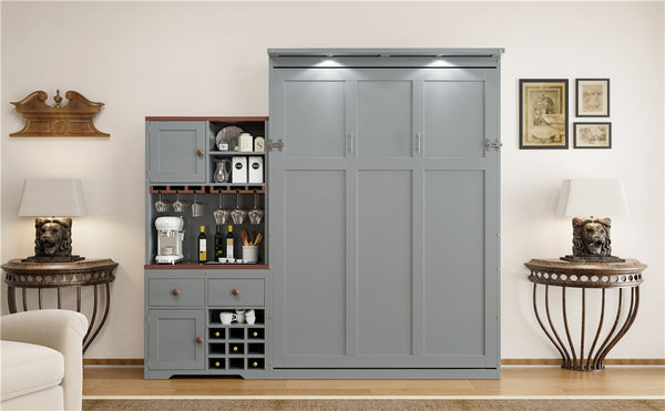 English Elm Queen Murphy Bed with Wine Rack Glass Holder Led Lighting and Cabinet White Gray LP000391AAE