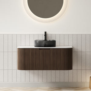 English Elm Dina Floating Bathroom Vanity Sintered Stone Top Glass Basin Striped Plywood Cabinet W2615S00424