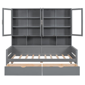 English Elm Twin Size Wooden Daybed With Stylish Glass Cabinets, Led Lighting & Open Shelves For Modern Spaces N820S00050E-GIGA