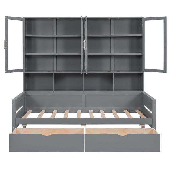 English Elm Twin Size Wooden Daybed With Stylish Glass Cabinets, Led Lighting & Open Shelves For Modern Spaces N820S00050E-GIGA