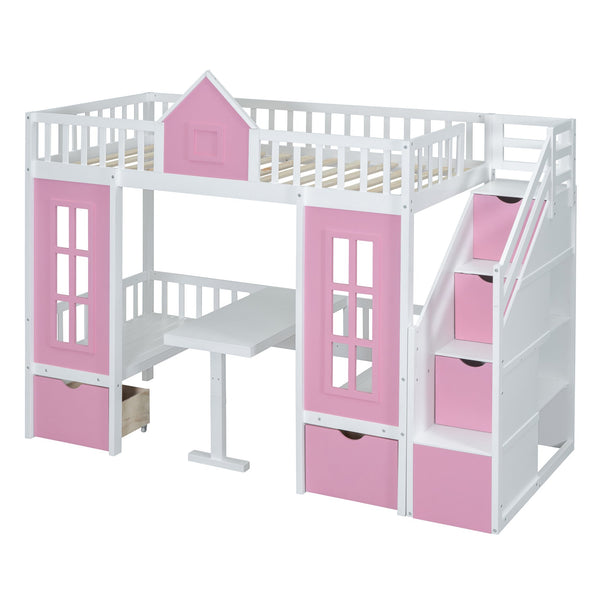 English Elm Twin-over-twin Bunk Bed Convertible Lower Desk Solid Pine Kids Bedroom Space Saver LT000681AAH-1