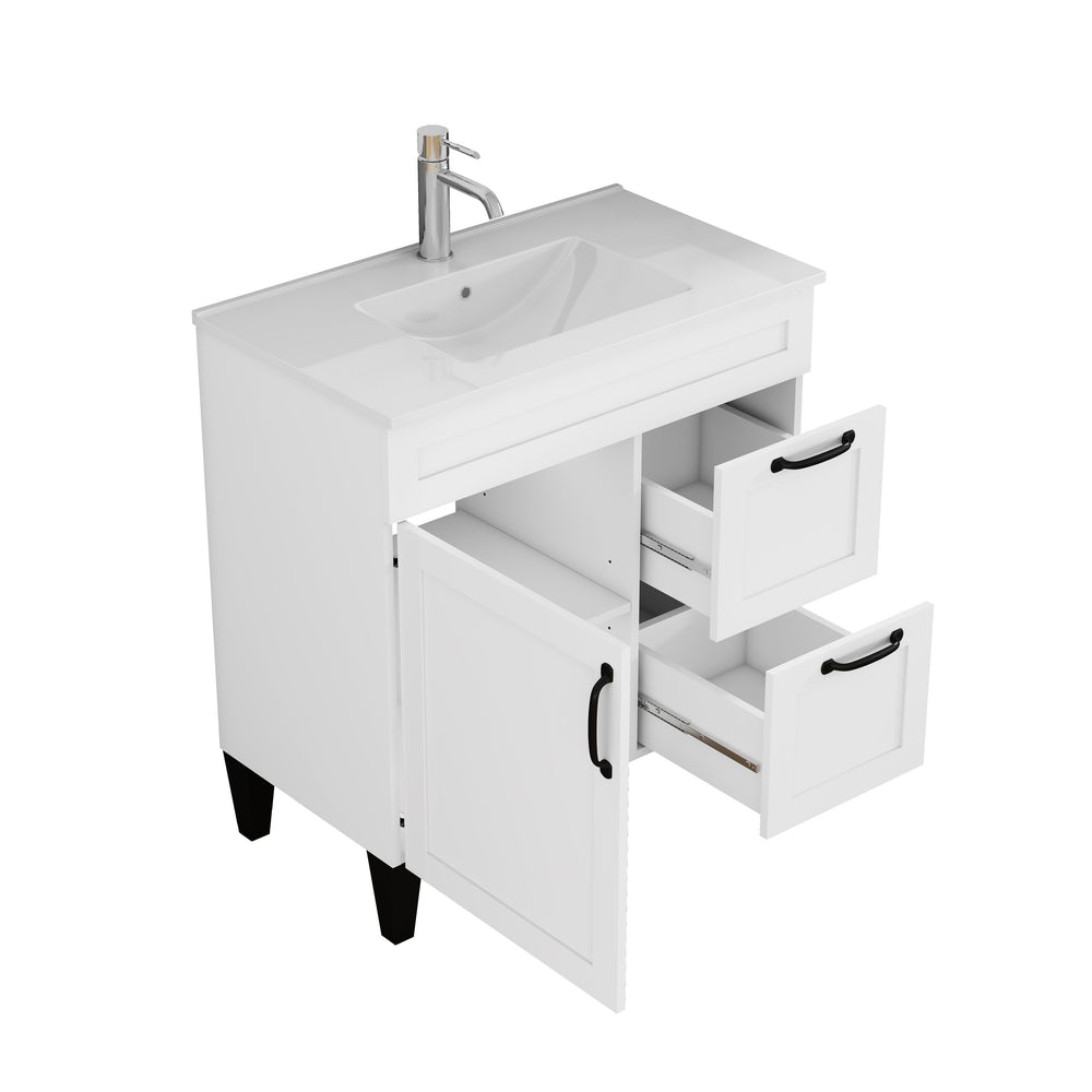 English Elm 31.5-inch Modern Bathroom Vanity with Integrated Ceramic Basin, Soft-Close Drawers, Black Accents White 35.04 L x 22.05 W x 7.68 H W3151S00061