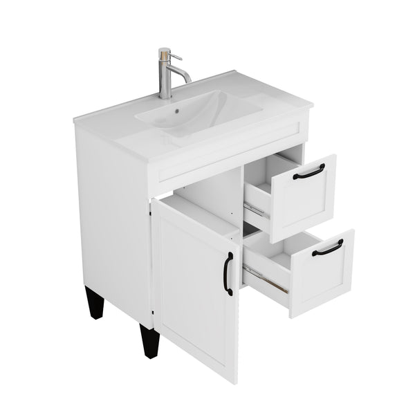 English Elm 31.5-inch Modern Bathroom Vanity with Integrated Ceramic Basin, Soft-Close Drawers, Black Accents White 35.04 L x 22.05 W x 7.68 H W3151S00061