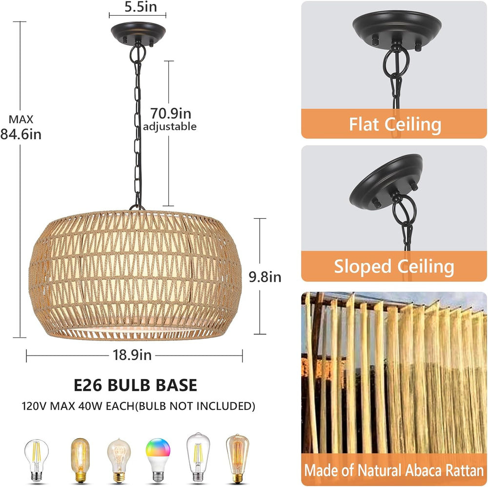 English Elm Rattan 5-Light Farmhouse Chandelier — Handwoven Boho Rattan & Metal Pendant Light, Height Adjustable W2738P324209