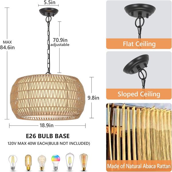 English Elm Rattan 5-Light Farmhouse Chandelier — Handwoven Boho Rattan & Metal Pendant Light, Height Adjustable W2738P324209