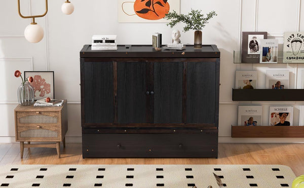 English Elm Queen Murphy Wall Bed with Pull Out Drawer and Built in Usb Charging Cabinet Espresso N708P205905P