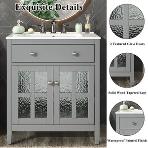 English Elm Christopher Knight Home® - 30" Bathroom Vanity with Ceramic Sink, Solid Wood Legs, Adjustable Shelf, Tip-Out Tray, Soft-Close Hinges, Silver Knobs, Moisture-Resistant Finish Gray N817P286250G