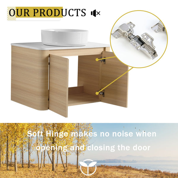 English Elm 30'' Wall-Mounted Bathroom Vanity With Ceramic Art Sink, Soft-Close Doors & Modern Plywood Design W999S00462