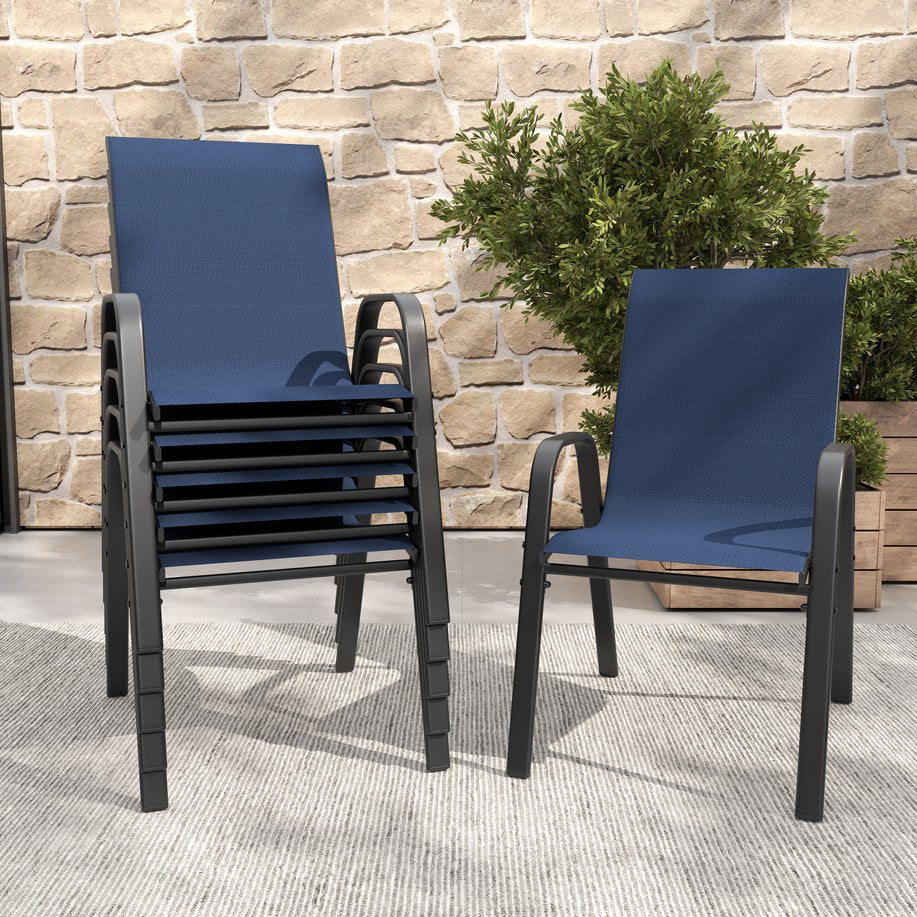 English Elm 6-piece Outdoor Dining Chair Set Powder Coated Metal Teslin Fabric Patio Seating Black,Navy Blue W3979P402387