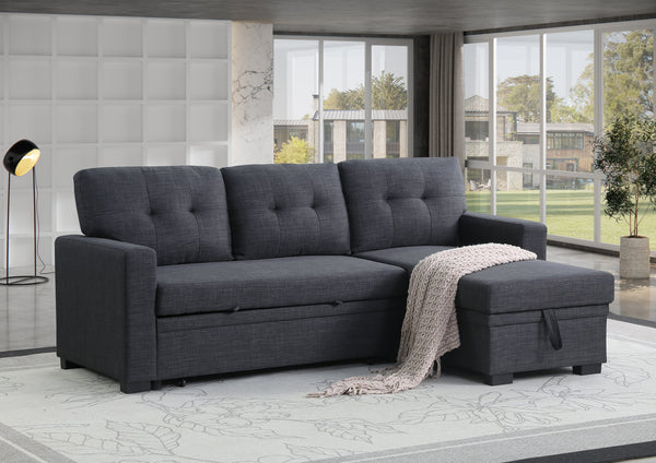 English Elm Tufted Linen Sectional Sleeper Sofa with Storage Ottoman and Reversible Chaise Dark Gray B2730S00050