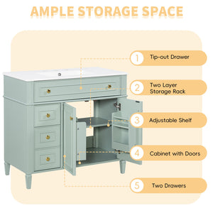 English Elm 36 Inch Freestanding Bathroom Vanity Sage Pine Cabinet Gold Hardware Ceramic Sink Green N725P366468G