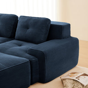 English Elm Modern Corduroy Sectional Sofa Deep Seat V Shape Tufted Couch with Movable Ottoman Blue W714S01579