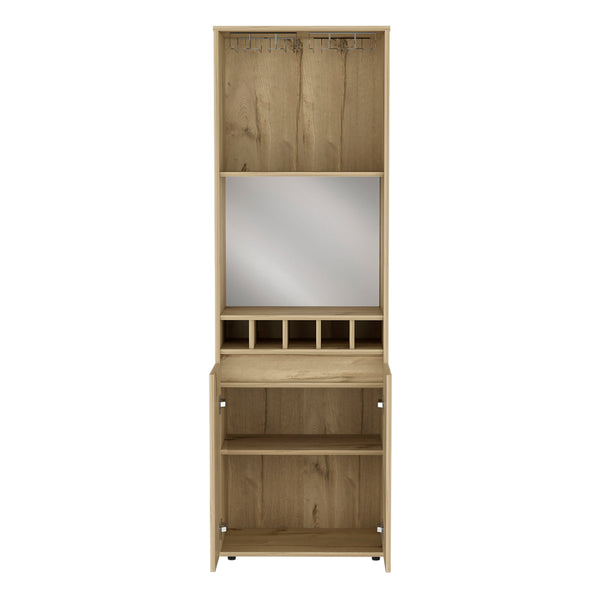 English Elm Bar Double Door Cabinet 70.8" High Light Oak Beige w/ 12-Glass Rack, 5 Bottle Cubbies & 2 Shelves B097S00154