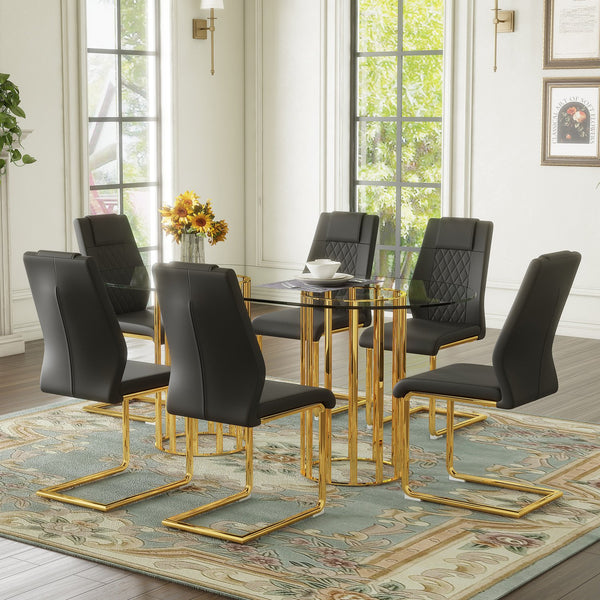 English Elm Table and Chair Set Oval Tempered Glass Top Six Seat Glam Dining with Arched Legs Black+Gold,Transparent W1151S04720